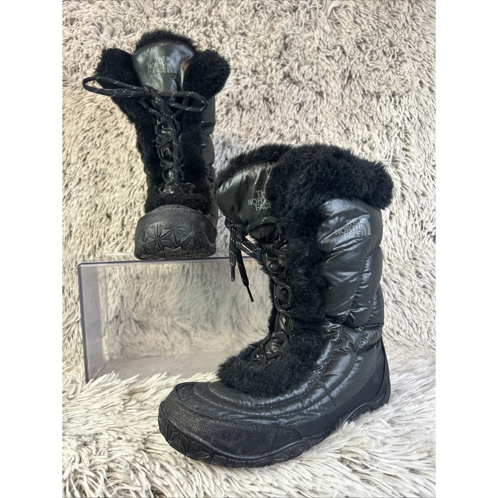 The North Face Sz 6 Nuptse Boots Black Goose Down Faux Fur Winter Snow Grip Puff